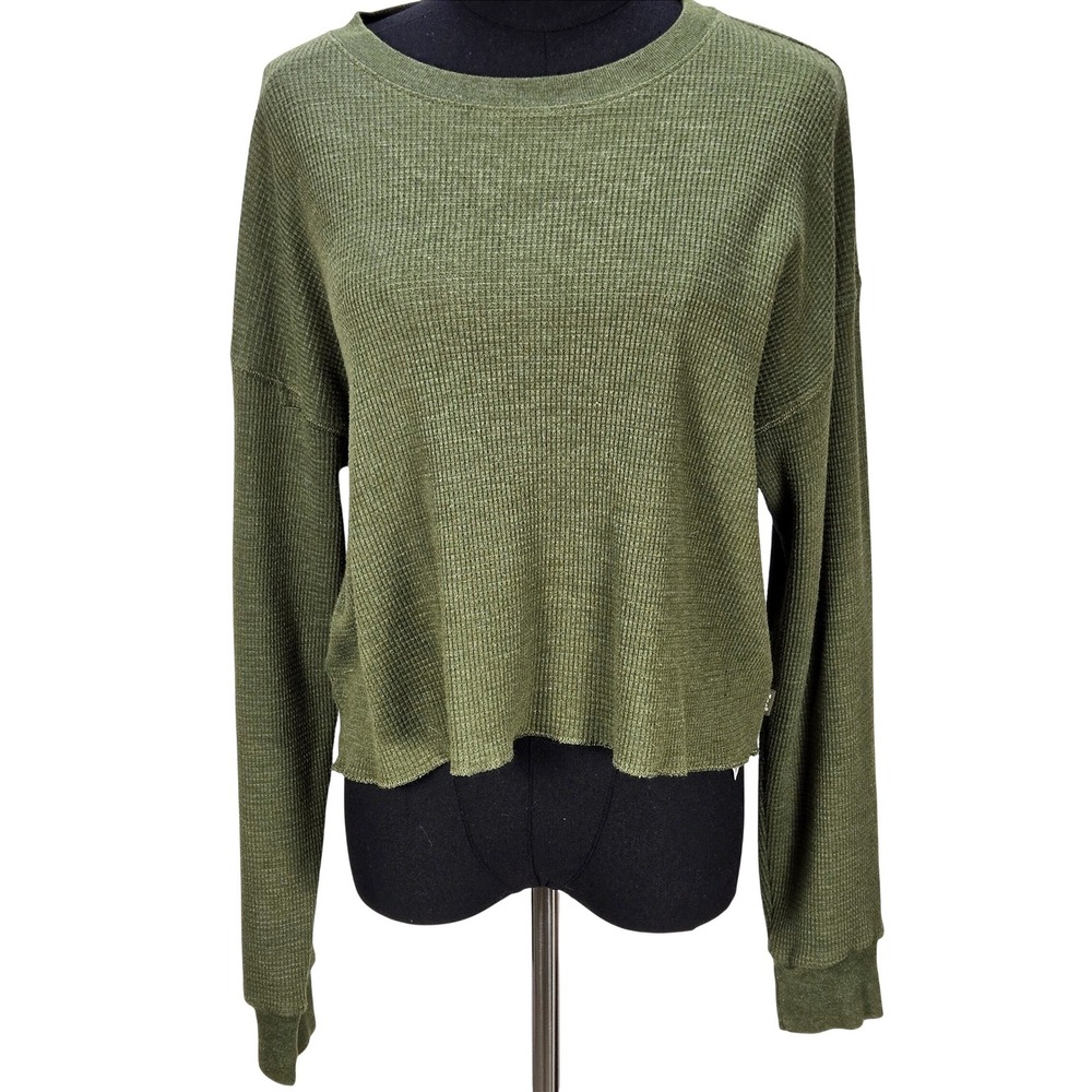Womens Aritzia TNA Small Green Oversize Cropped Waffle Knit Thermal Long Sleeve‎